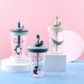 Tritan New Plastic Water Cup Cartoon Cup mit Deckel und Stroh